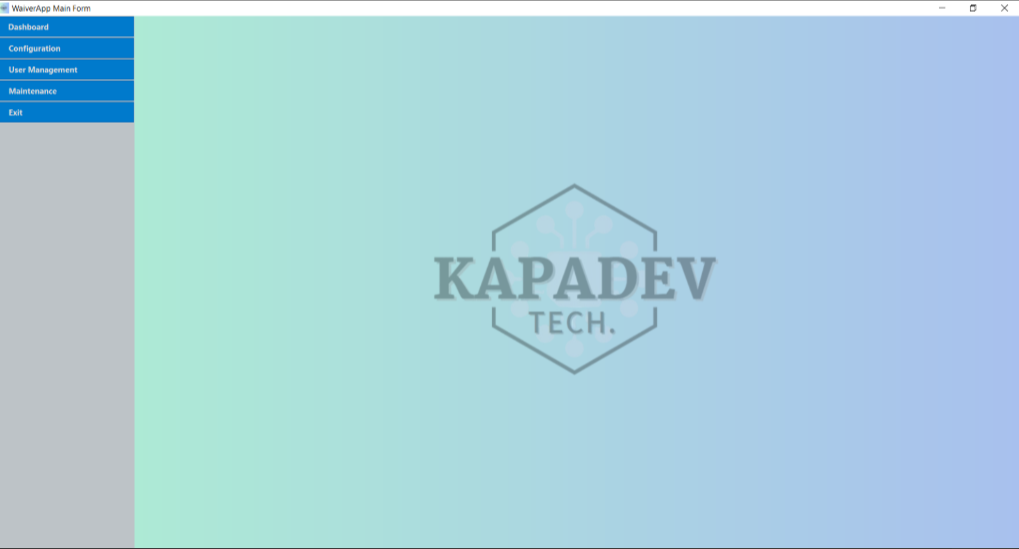 The WaiverApp main window: a blue sidebar listing Dashboard, Configuration,
                  User Management, Maintenance and Exit, beside a large panel carrying the
                  KAPADEV Tech hexagon logo.