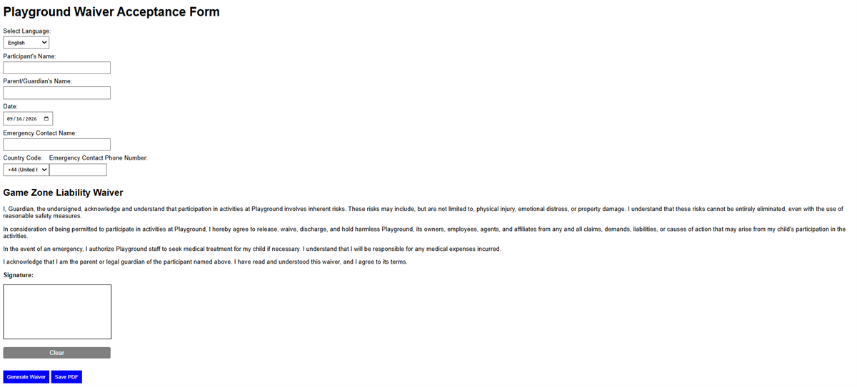 The Playground Waiver Acceptance Form in a browser: a language dropdown,
                  fields for participant and guardian names, date, emergency contact with a
                  country code selector, the Game Zone liability waiver text, and an empty
                  signature box above Generate Waiver and Save PDF buttons.