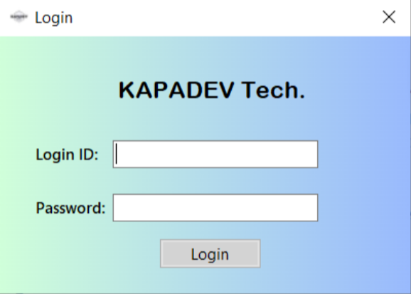 The KAPADEV Tech login dialog, with Login ID and Password fields and a Login
                  button, on a green-to-blue gradient.